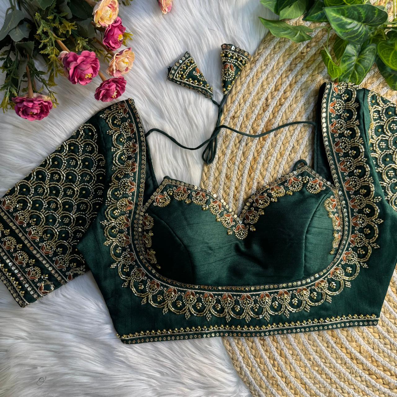 Bottle Green Beautiful Beads Work Halter Neck Embroidery Blouse in Italian Silk