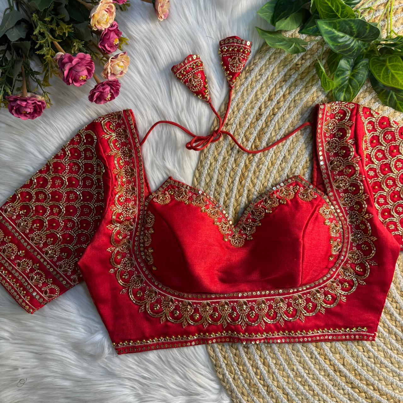 Red Beautiful Beads Work Halter Neck Embroidery Blouse in Italian Silk