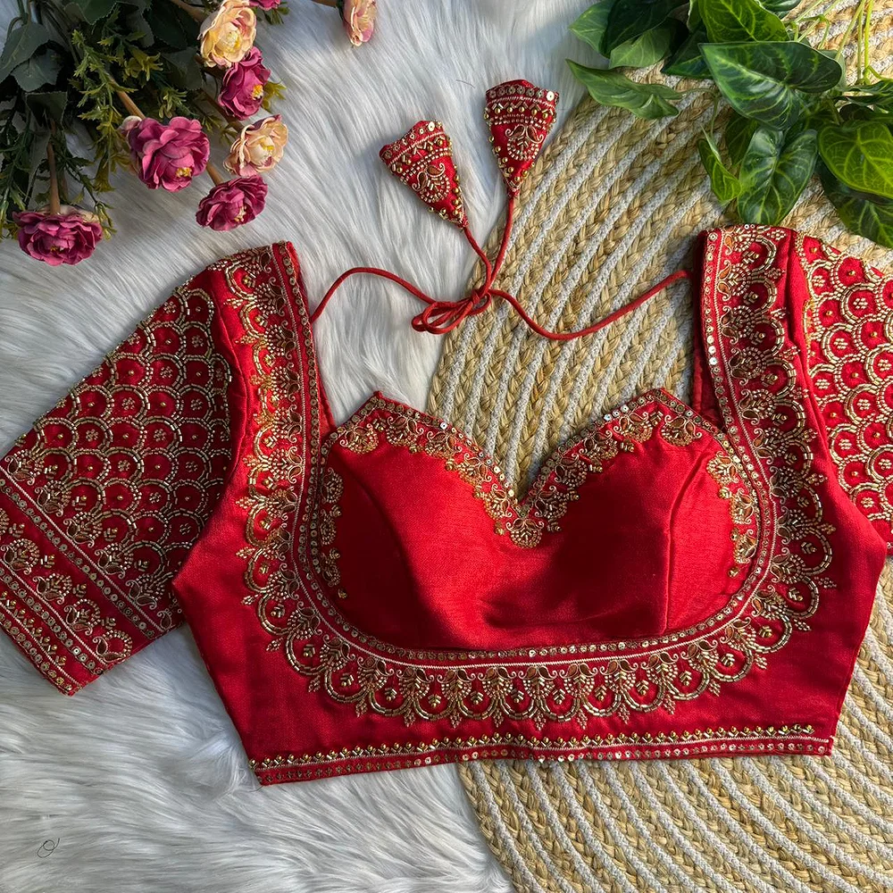 Red Beautiful Beads Work Halter Neck Embroidery Blouse in Italian Silk — view 1
