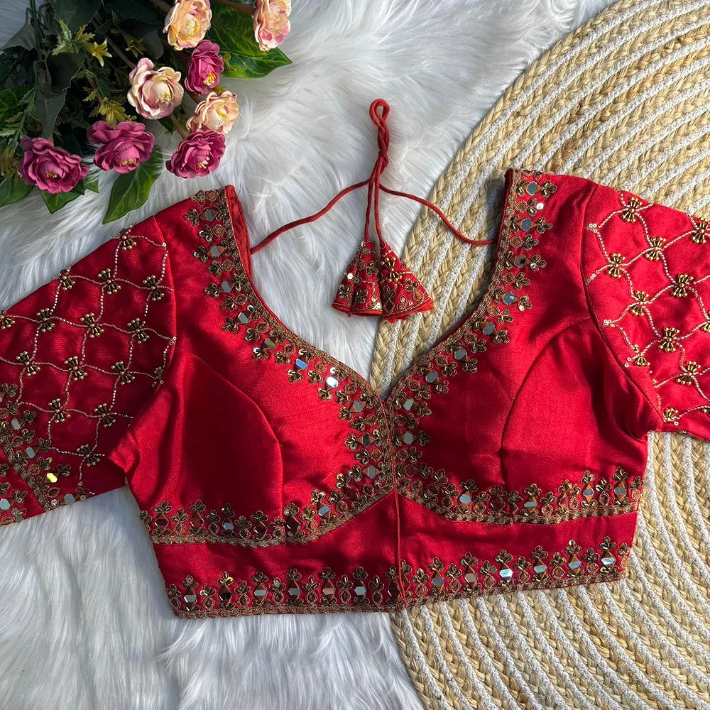 Red Italian Silk Heavy Embroidery & Beads Work Wedding Blouse — view 1