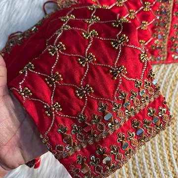 Red Italian Silk Heavy Embroidery & Beads Work Wedding Blouse — view 2