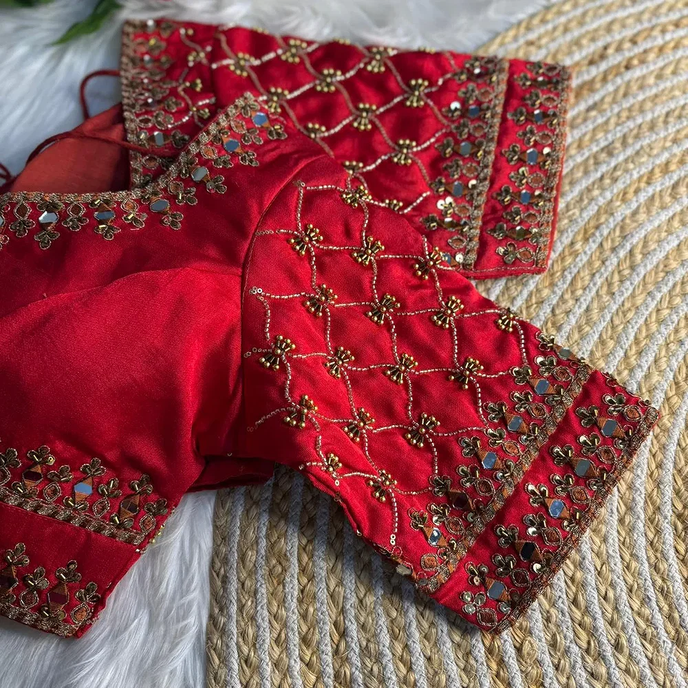 Red Italian Silk Heavy Embroidery & Beads Work Wedding Blouse — view 4