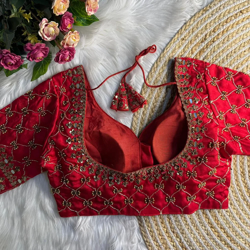 Red Italian Silk Heavy Embroidery & Beads Work Wedding Blouse — view 5