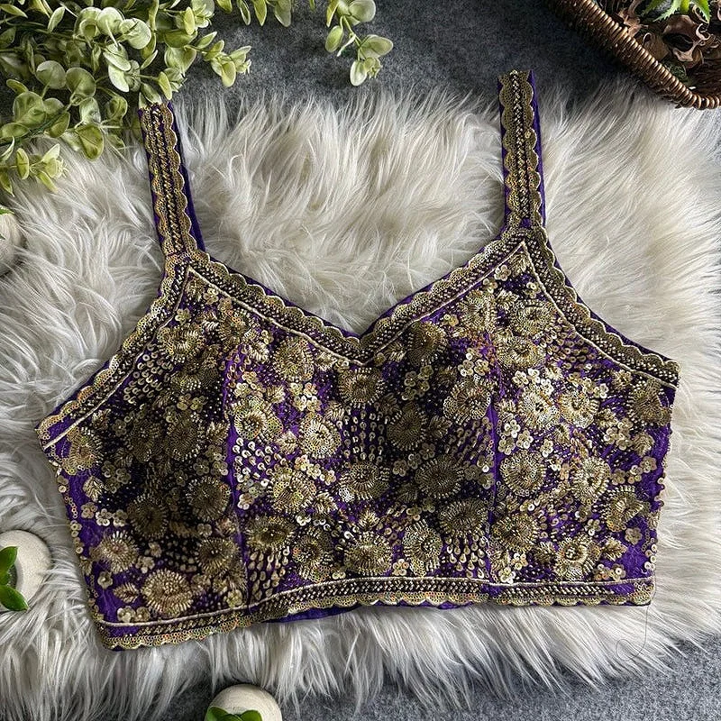 Purple Luxury Embroidered Sequin Beads Designer Spaghetti Blouse — view 1