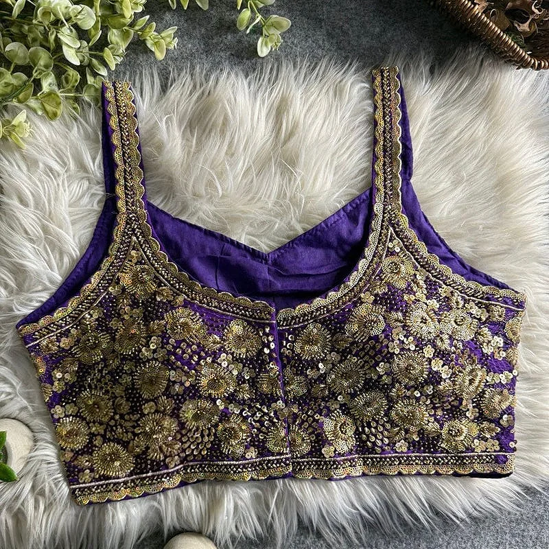 Purple Luxury Embroidered Sequin Beads Designer Spaghetti Blouse — view 2