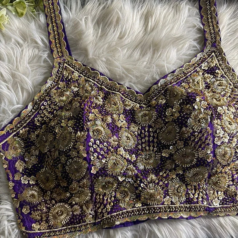 Purple Luxury Embroidered Sequin Beads Designer Spaghetti Blouse — view 3