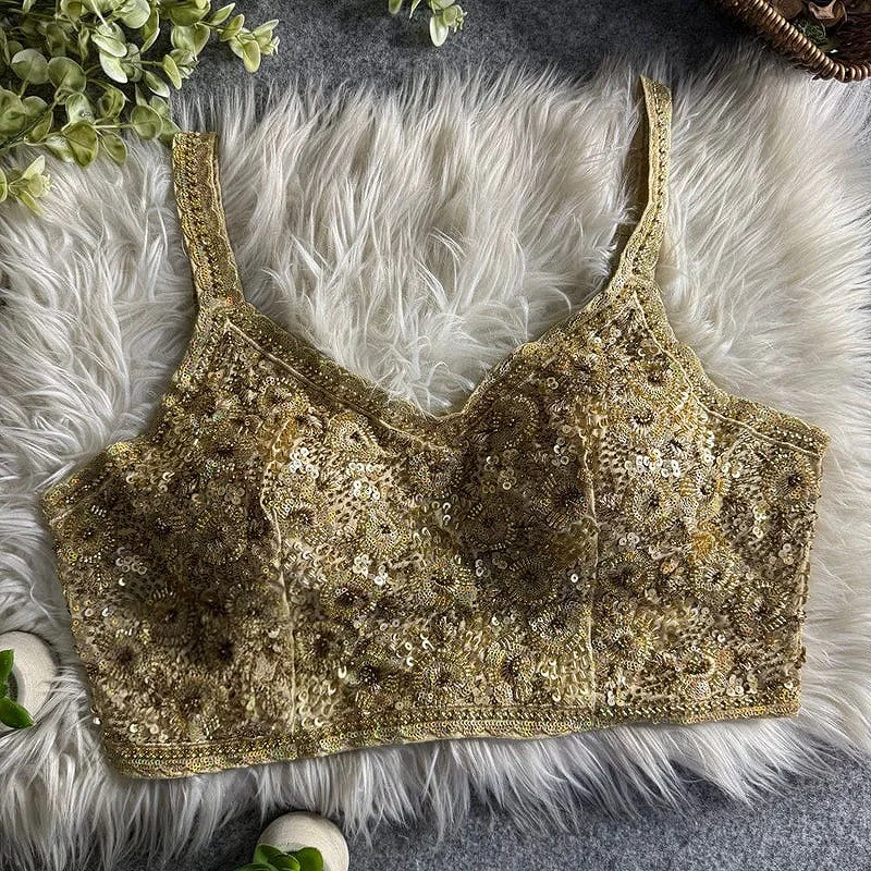 Gold Luxury Embroidered Sequin Beads Designer Spaghetti Blouse — view 1