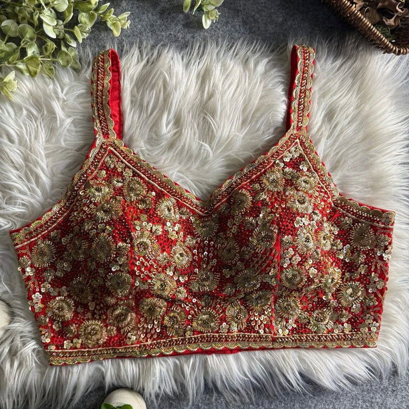 Red Luxury Embroidered Sequin Beads Designer Spaghetti Blouse