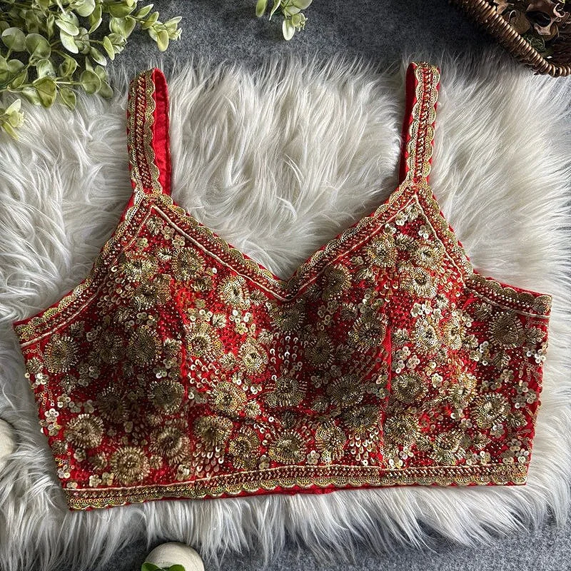 Red Luxury Embroidered Sequin Beads Designer Spaghetti Blouse — view 1
