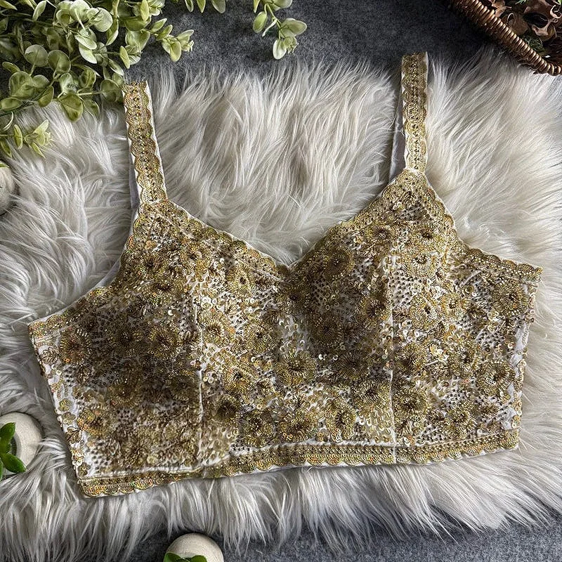 White Luxury Embroidered Sequin Beads Designer Spaghetti Blouse — view 1