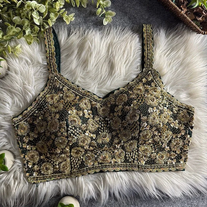 Bottle Green Luxury Embroidered Sequin Beads Designer Spaghetti Blouse — view 1
