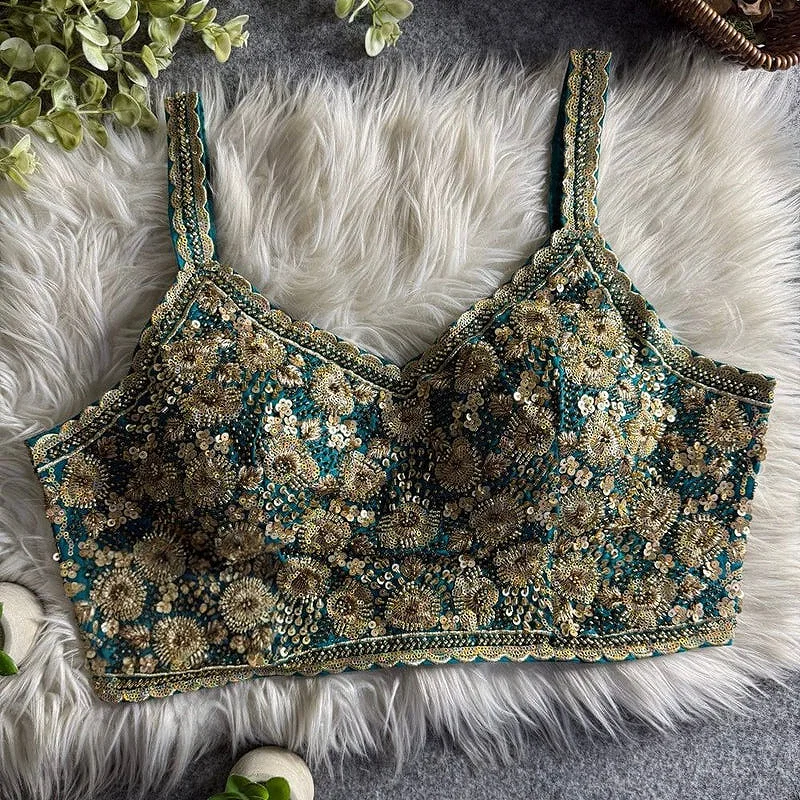 Rama Luxury Embroidered Sequin Beads Designer Spaghetti Blouse — view 1