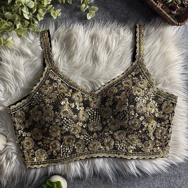 Black Luxury Embroidered Sequin Beads Designer Spaghetti Blouse — view 1