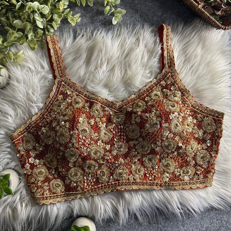 Copper Luxury Embroidered Sequin Beads Designer Spaghetti Blouse