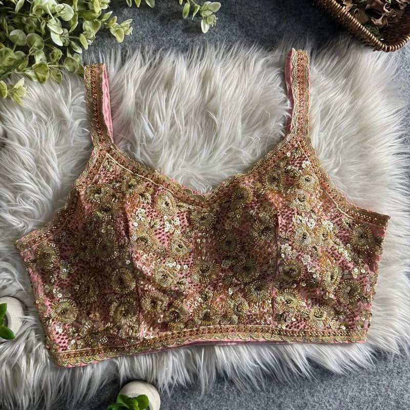 Baby Pink Luxury Embroidered Sequin Beads Designer Spaghetti Blouse