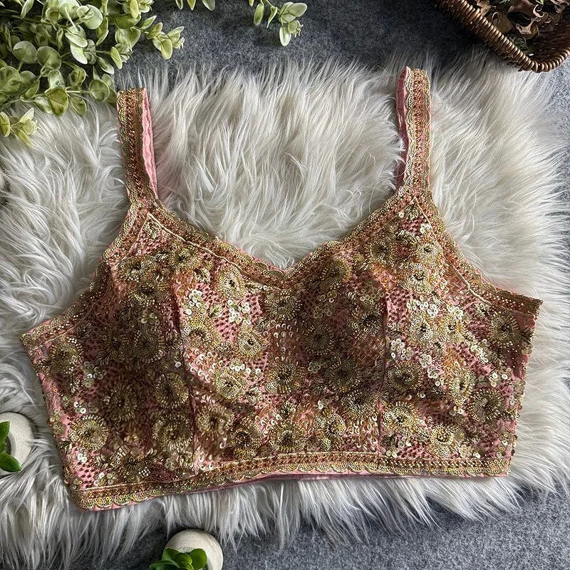 Baby Pink Luxury Embroidered Sequin Beads Designer Spaghetti Blouse — view 1