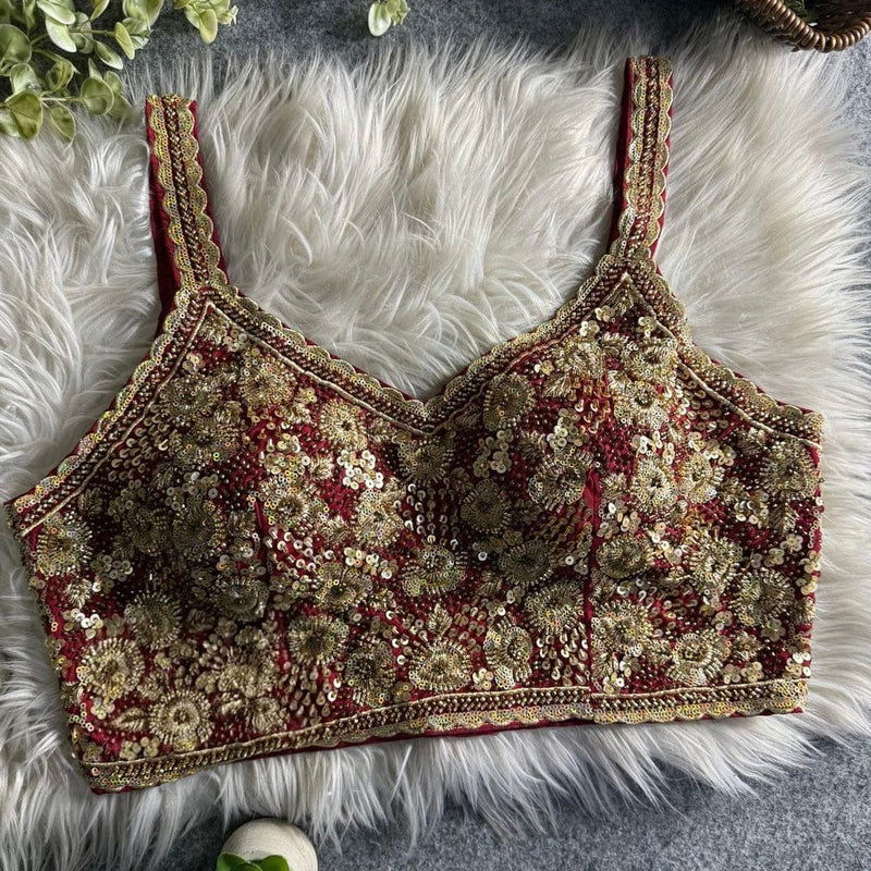 Maroon Luxury Embroidered Sequin Beads Designer Spaghetti Blouse