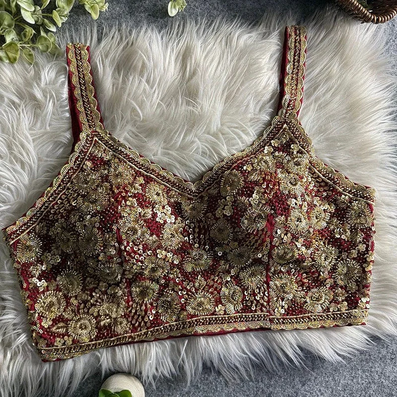 Maroon Luxury Embroidered Sequin Beads Designer Spaghetti Blouse — view 1