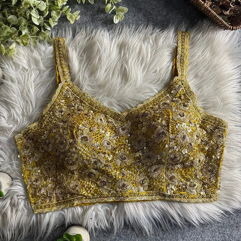 Yellow Luxury Embroidered Sequin Beads Designer Spaghetti Blouse — view 1