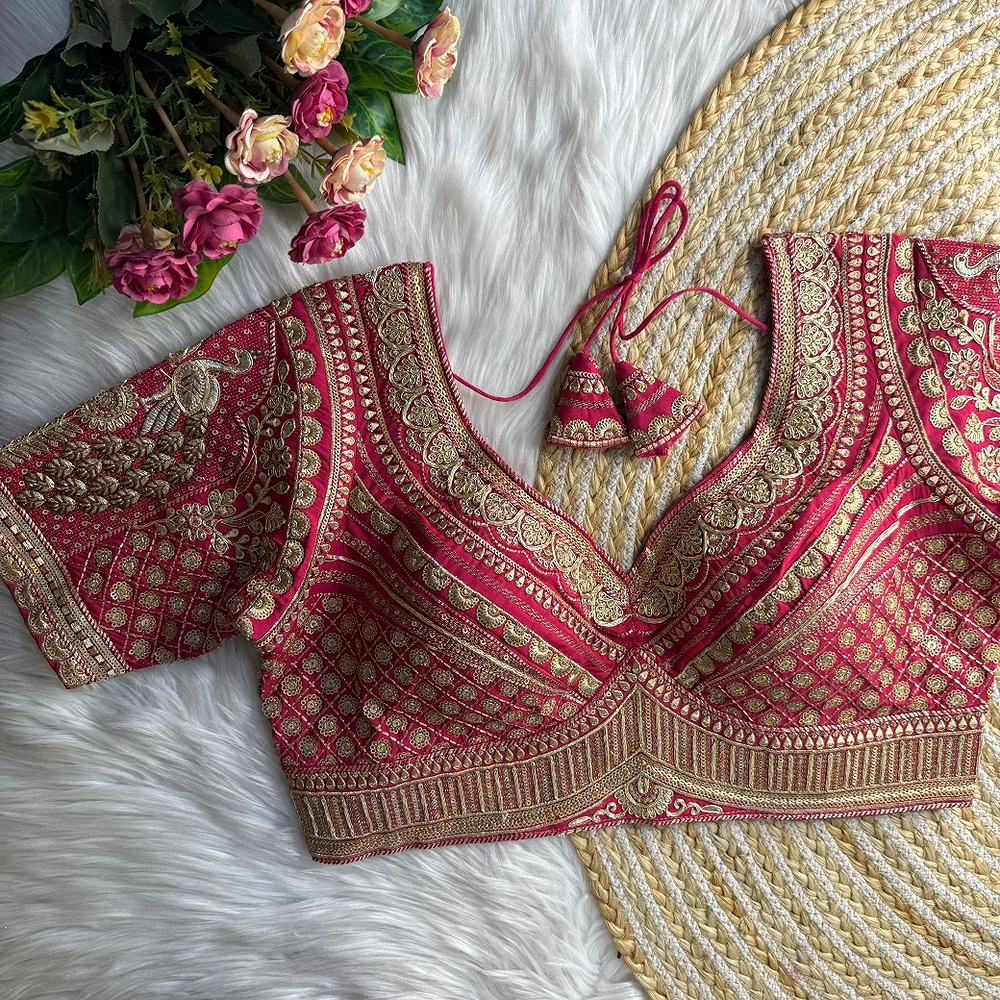 Rani Sabyasachi Inspired Heavy Gold Jari Sequence Work Bridal Blouse — view 1
