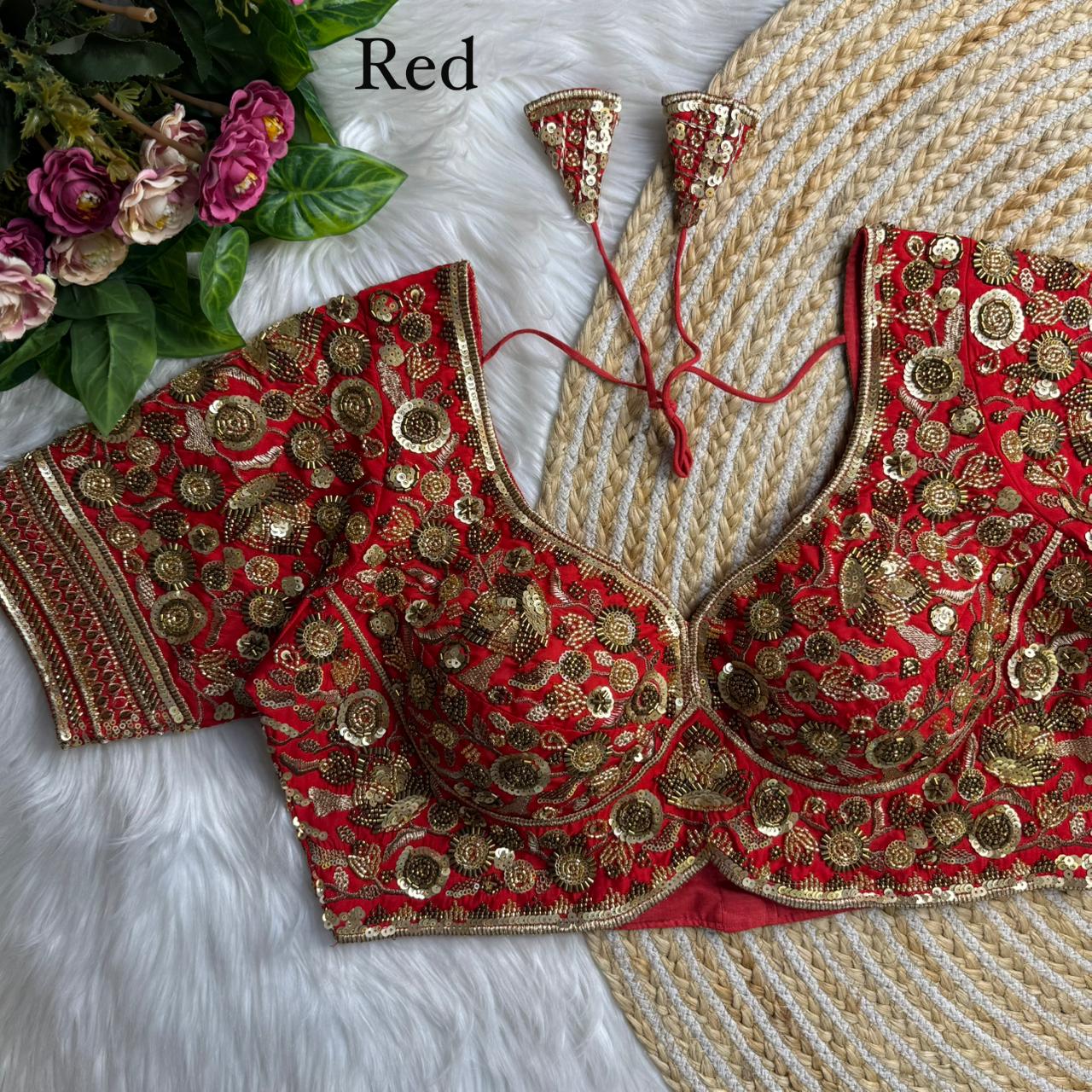 Red Royal Sabyasachi Inspired Heavy Beads Handwork Bridal Blouse