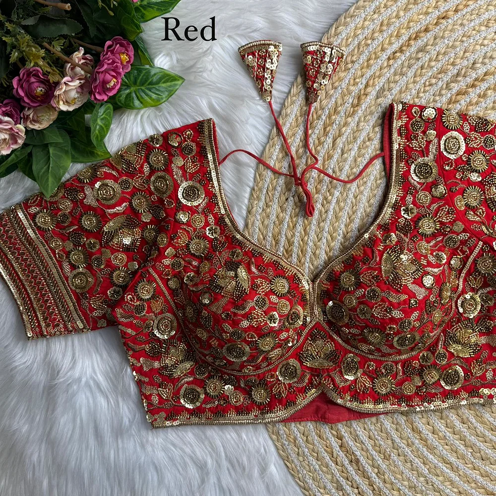 Red Royal Sabyasachi Inspired Heavy Beads Handwork Bridal Blouse — view 1