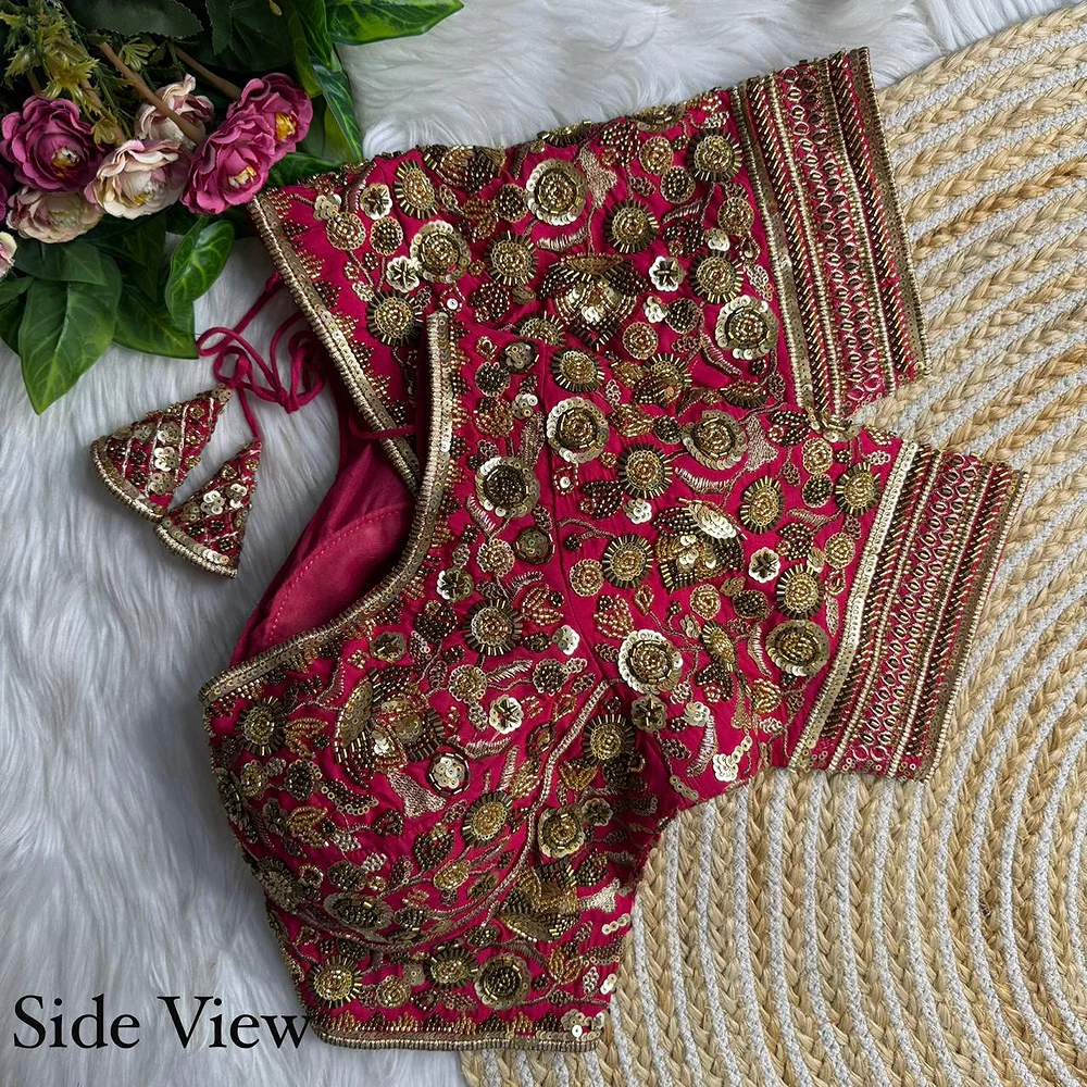 Rani Royal Sabyasachi Inspired Heavy Beads Handwork Bridal Blouse — view 3