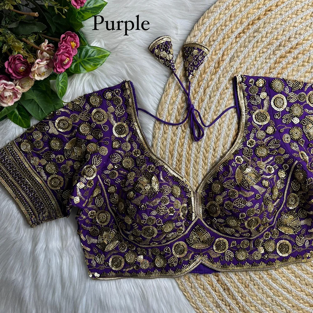 Purple Royal Sabyasachi Inspired Heavy Beads Handwork Bridal Blouse — view 1