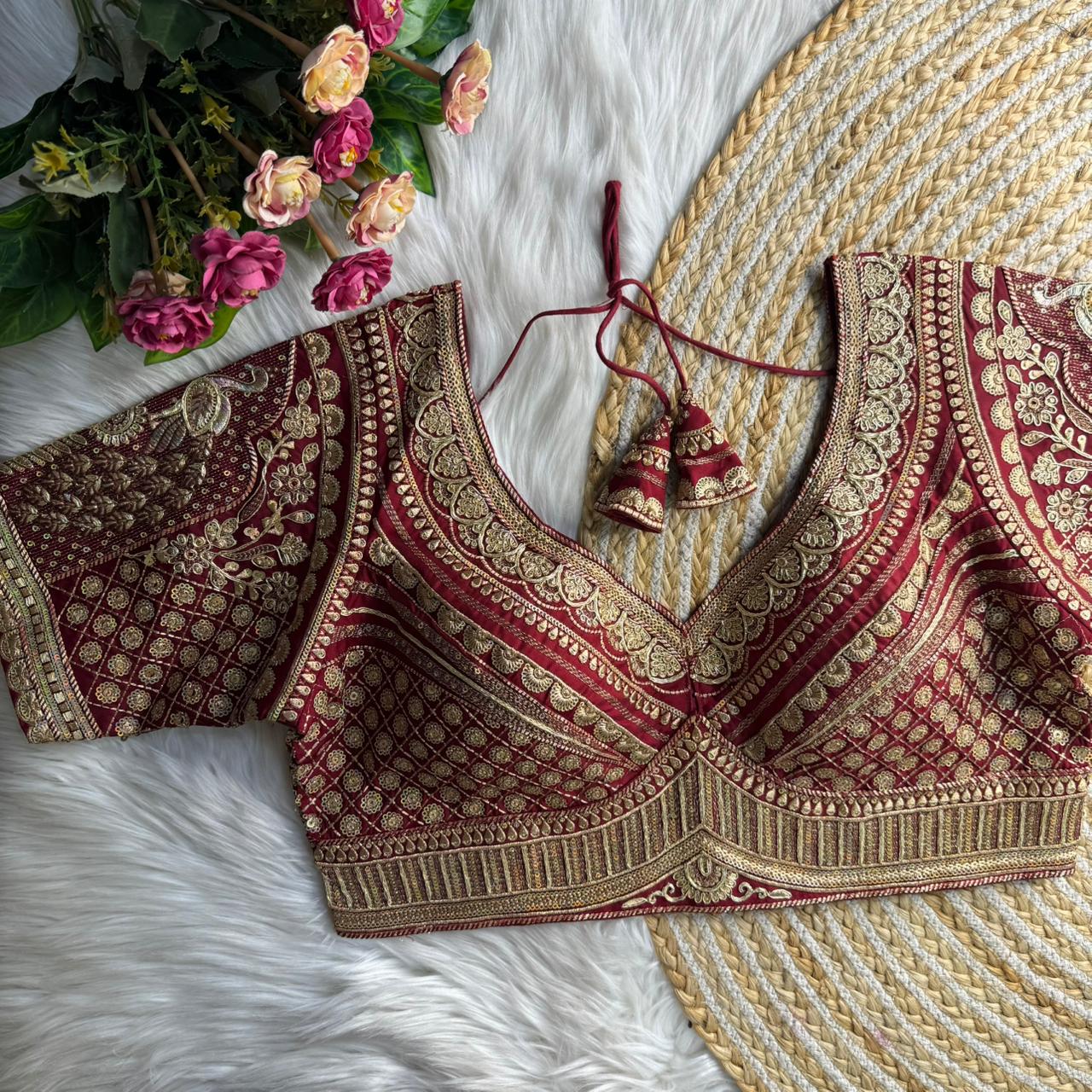 Maroon Sabyasachi Inspired Heavy Gold Jari Sequence Work Bridal Blouse