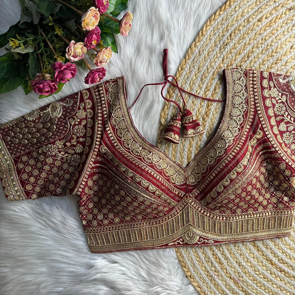Maroon Sabyasachi Inspired Heavy Gold Jari Sequence Work Bridal Blouse — view 1