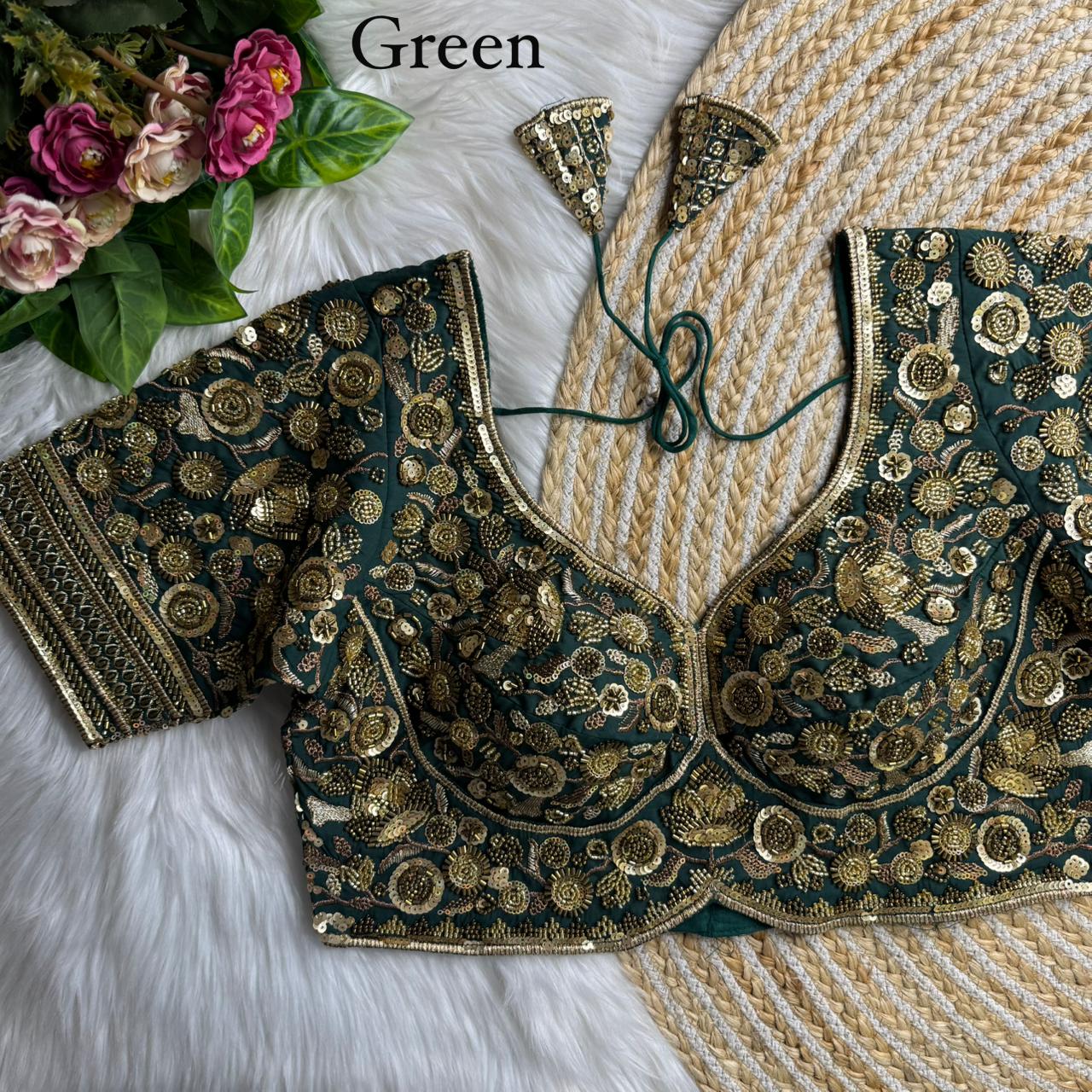 Green Royal Sabyasachi Inspired Heavy Beads Handwork Bridal Blouse