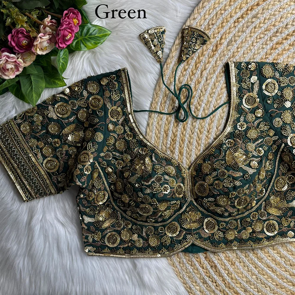 Green Royal Sabyasachi Inspired Heavy Beads Handwork Bridal Blouse — view 1