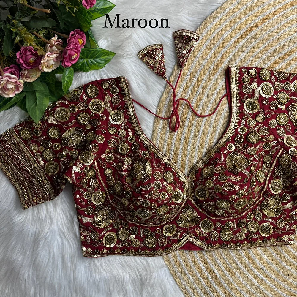 Maroon Royal Sabyasachi Inspired Heavy Beads Handwork Bridal Blouse — view 1