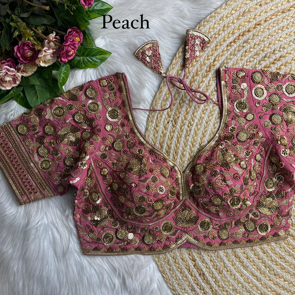 Peach Royal Sabyasachi Inspired Heavy Beads Handwork Bridal Blouse — view 1
