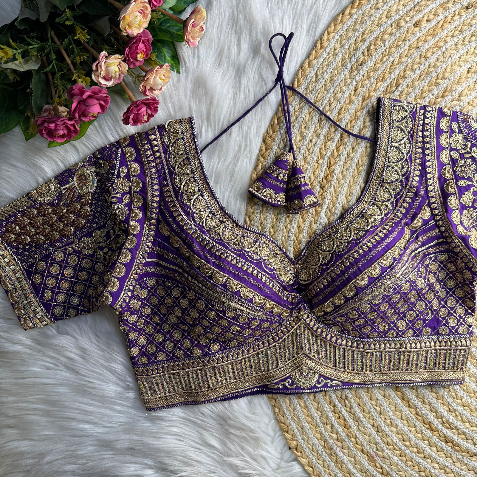 Purple Sabyasachi Inspired Heavy Gold Jari Sequence Work Bridal Blouse