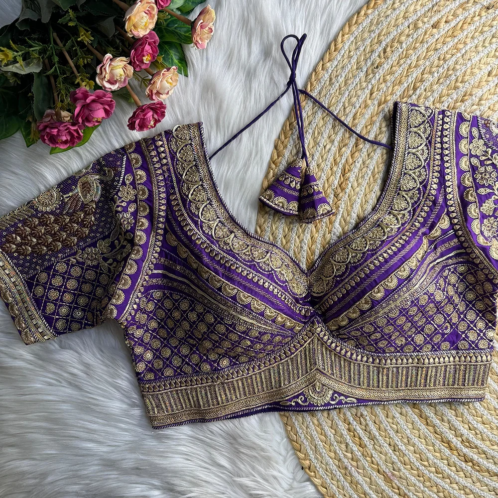 Purple Sabyasachi Inspired Heavy Gold Jari Sequence Work Bridal Blouse — view 1
