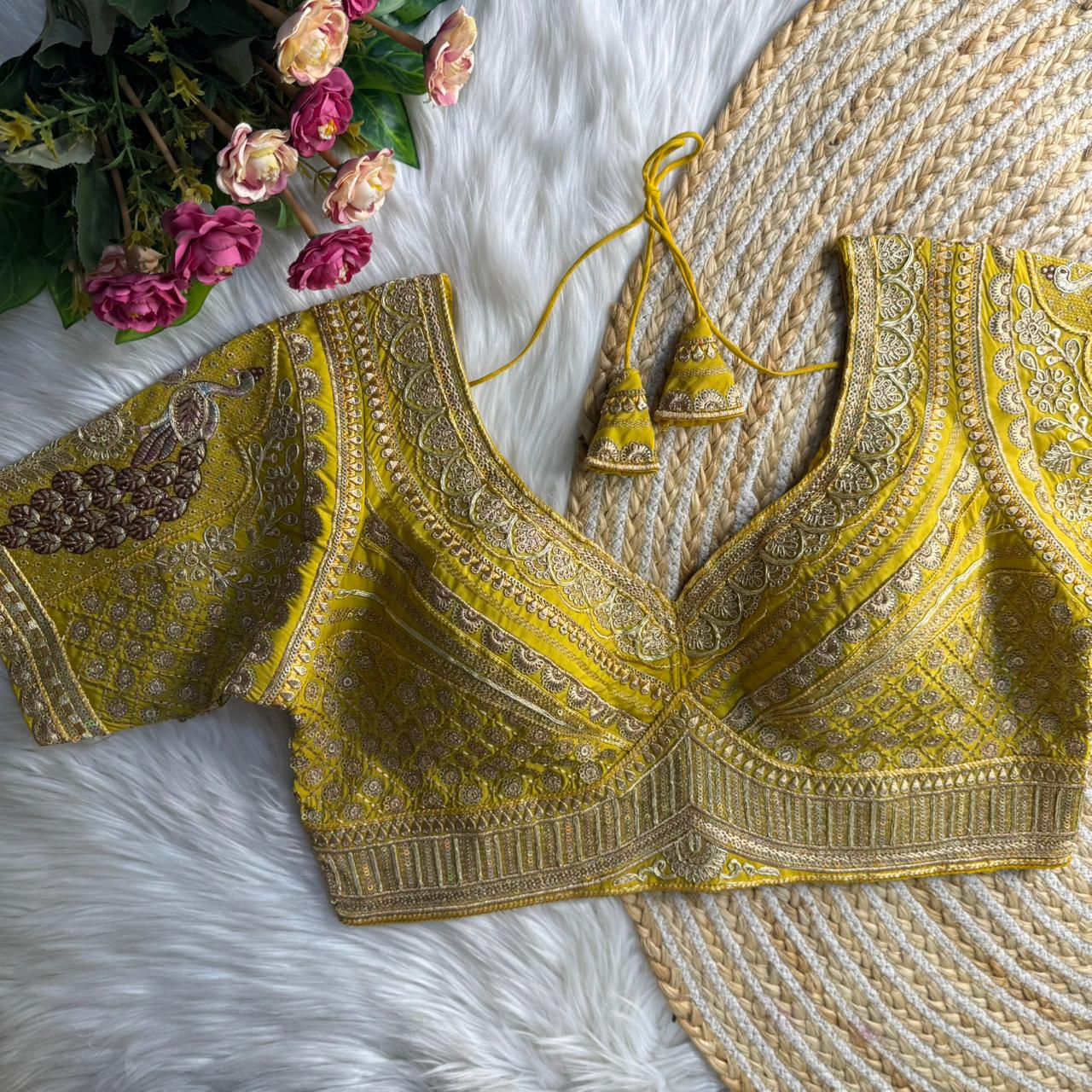 Yellow Sabyasachi Inspired Heavy Gold Jari Sequence Work Bridal Blouse