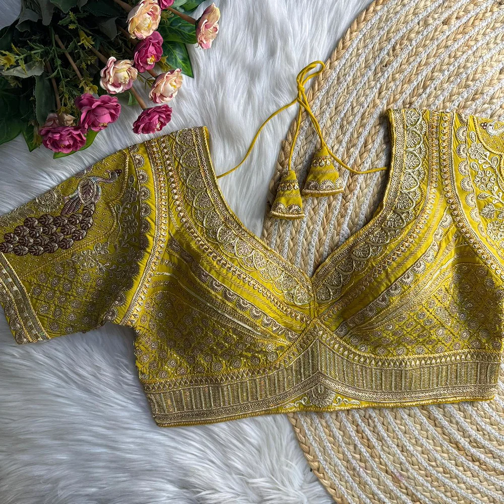 Yellow Sabyasachi Inspired Heavy Gold Jari Sequence Work Bridal Blouse — view 1