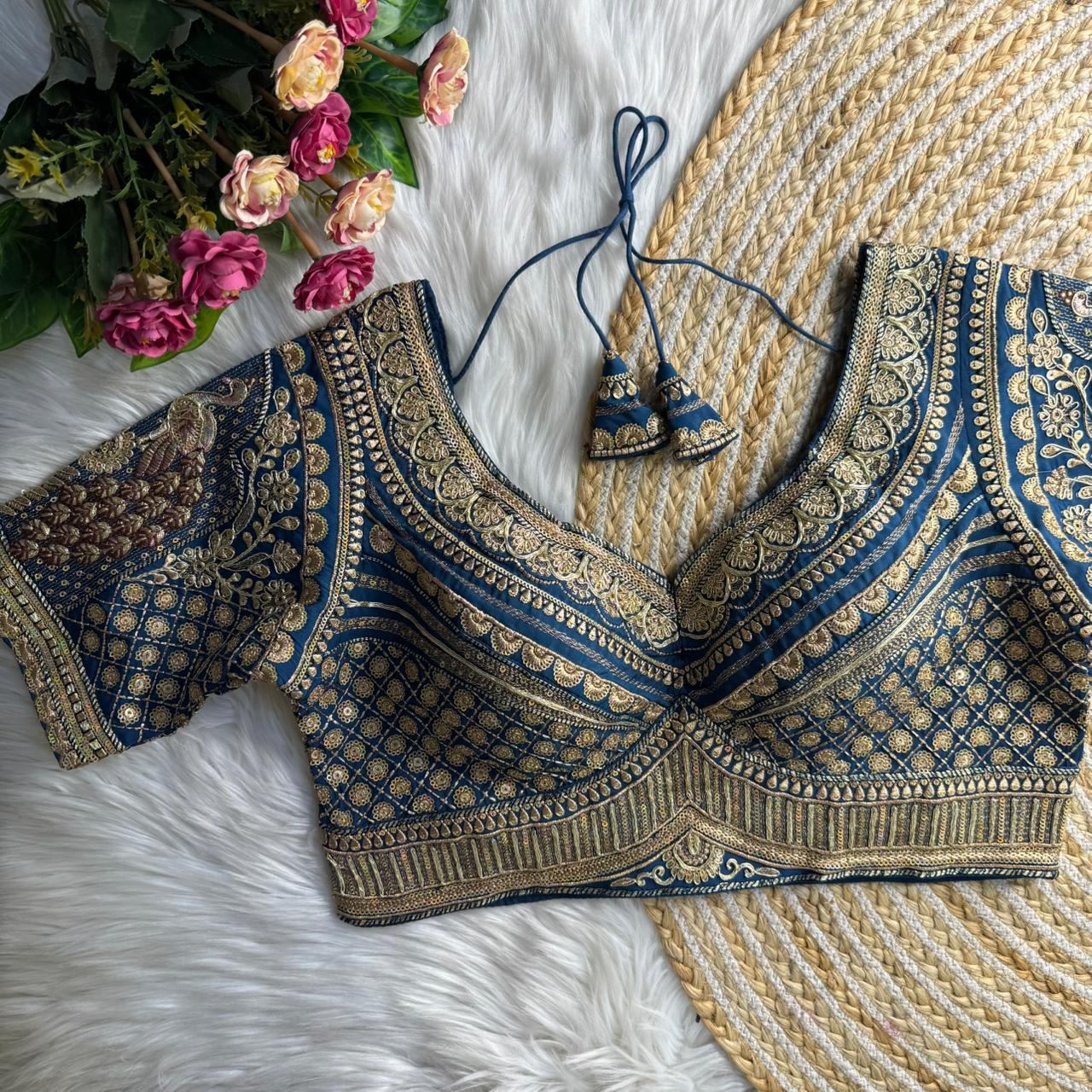 Blue Sabyasachi Inspired Heavy Gold Jari Sequence Work Bridal Blouse