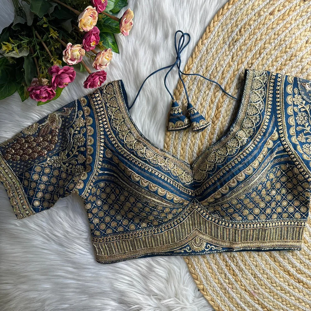 Blue Sabyasachi Inspired Heavy Gold Jari Sequence Work Bridal Blouse — view 1