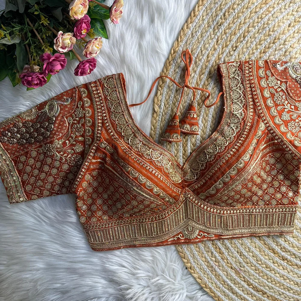Copper Sabyasachi Inspired Heavy Gold Jari Sequence Work Bridal Blouse — view 1