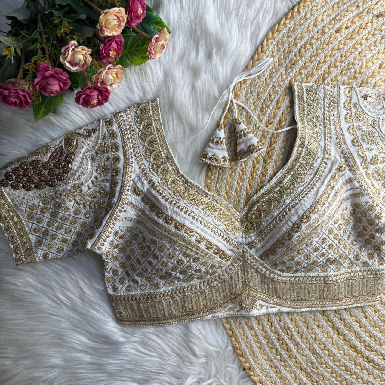 White Sabyasachi Inspired Heavy Gold Jari Sequence Work Bridal Blouse