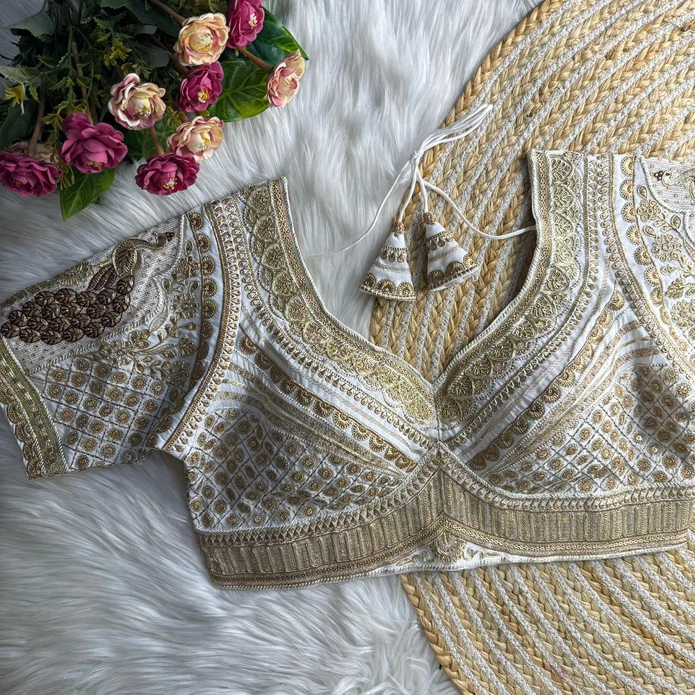 White Sabyasachi Inspired Heavy Gold Jari Sequence Work Bridal Blouse — view 1