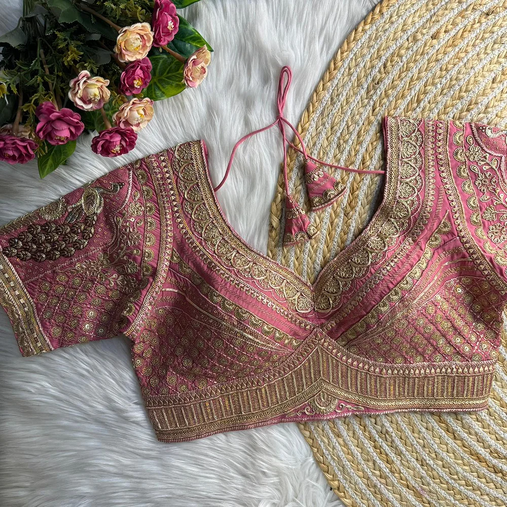 Peach Sabyasachi Inspired Heavy Gold Jari Sequence Work Bridal Blouse — view 1