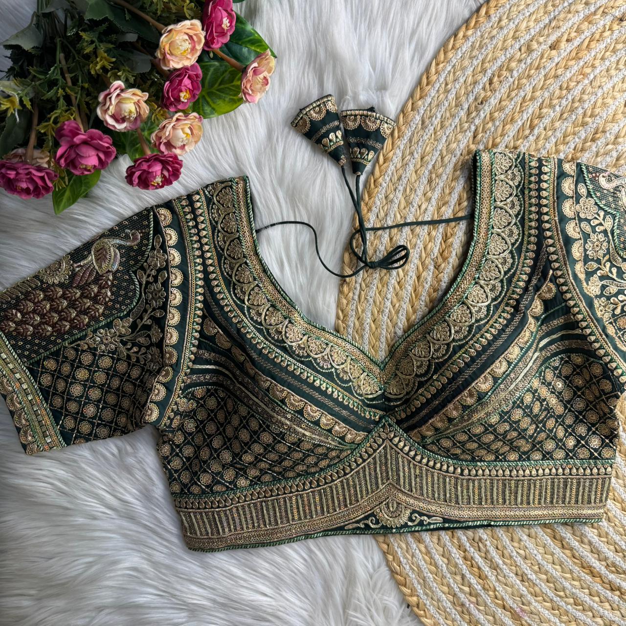 Bottle Green Sabyasachi Inspired Heavy Gold Jari Sequence Work Bridal Blouse