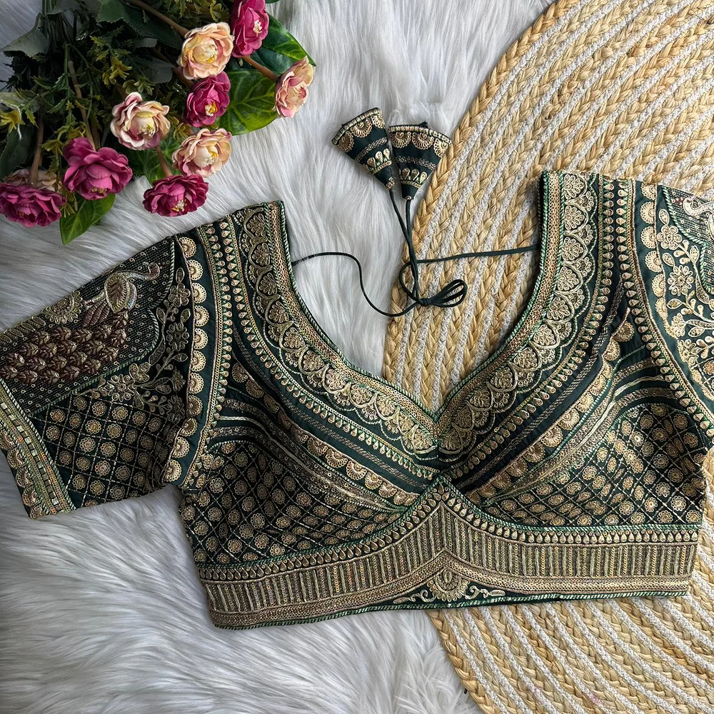 Bottle Green Sabyasachi Inspired Heavy Gold Jari Sequence Work Bridal Blouse — view 1