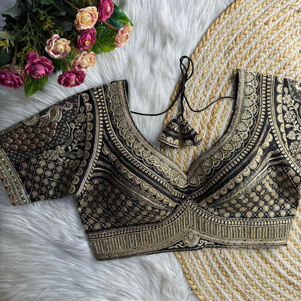 Black Sabyasachi Inspired Heavy Gold Jari Sequence Work Bridal Blouse — view 1