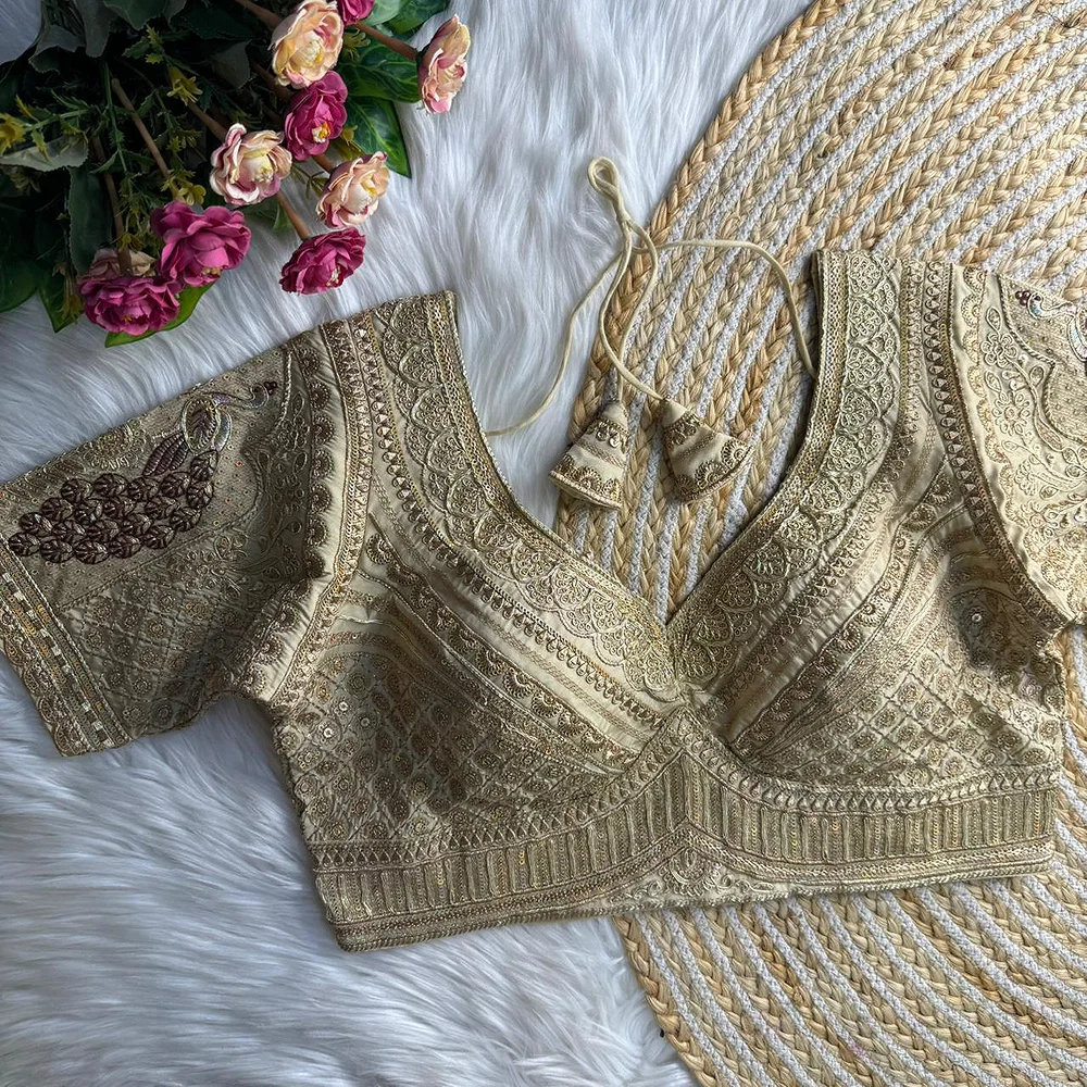 Gold Sabyasachi Inspired Heavy Gold Jari Sequence Work Bridal Blouse — view 1