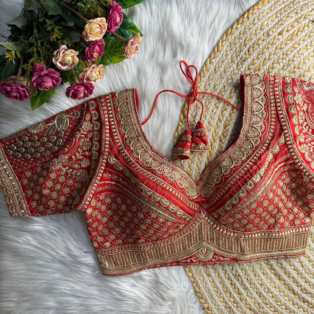 Red Sabyasachi Inspired Heavy Gold Jari Sequence Work Bridal Blouse — view 1