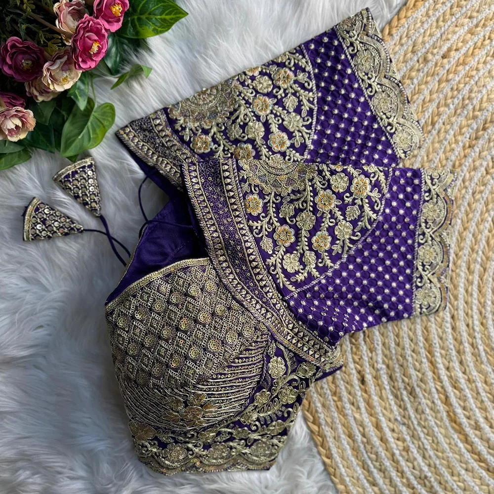 Purple Madhubala Styles Inspired Heavy Zari Work Bridal Blouse  — view 1